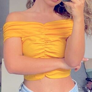 Zara off the shoulder bright yellow ruched crop top size small